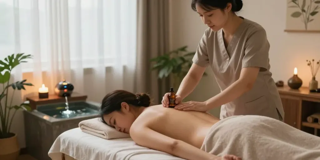 시흥출장 마사지 치료실에서 마사지사와 고객이 편안한 경험을 나누는 모습